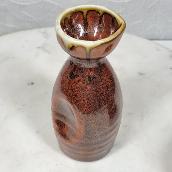 Vintage Ceramic Sake Set Brown Floral Motif Glazed Carafe Cups 3 Piece Set - Picture 8 of 16